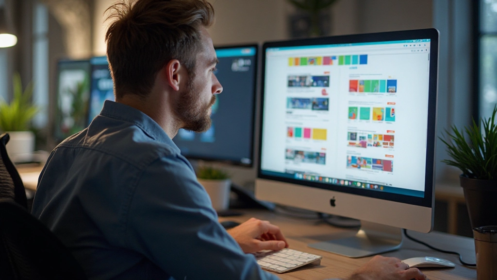 Designer werkt aan responsive website design op groot monitor met kleurenpalet zichtbaar