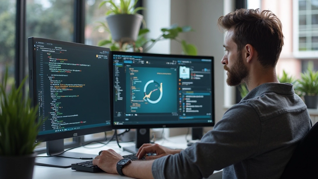 Webdesigner werkend aan computer met meerdere schermen toonend HTML code en website structuur analyse