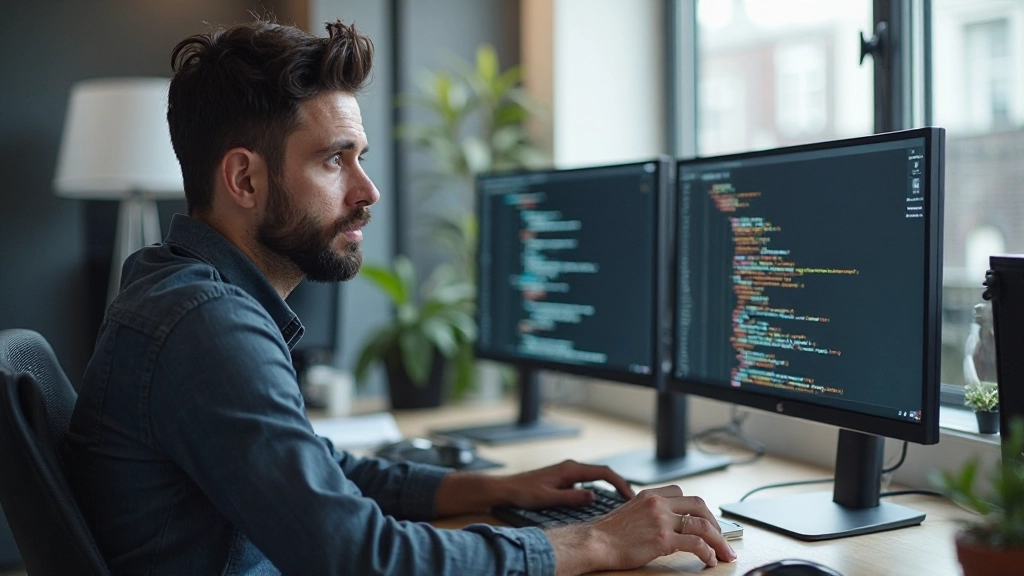 Webontwikkelaar werkt aan HTML-code in editor met meerdere schermen met broncode zichtbaar