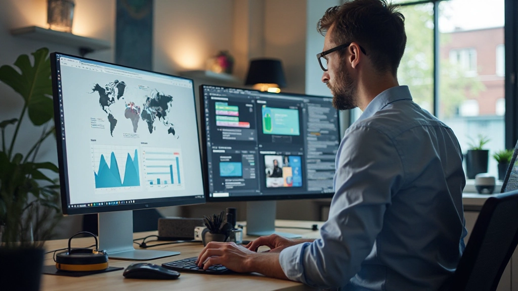 Modern web design workspace met SEO-tools en design mockups