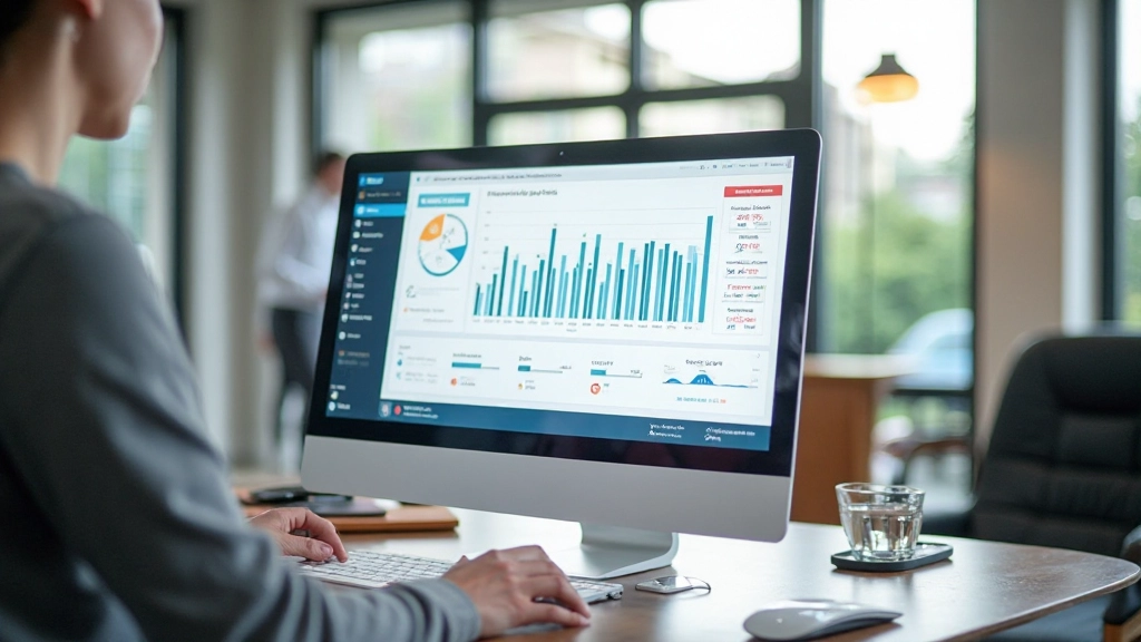 Moderne workspace met computer en SEO analytics dashboard, groot scherm met grafieken, natuurlijk daglicht