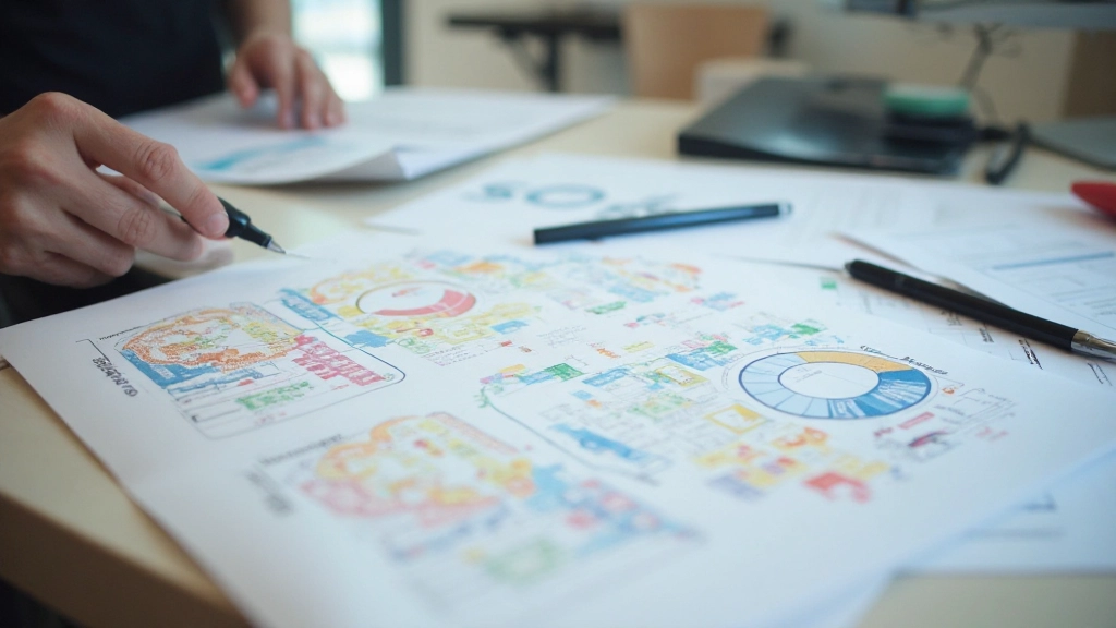 Uitgeprinte website wireframes en HTML structuur diagrammen met gemarkeerde semantische elementen en layout zones