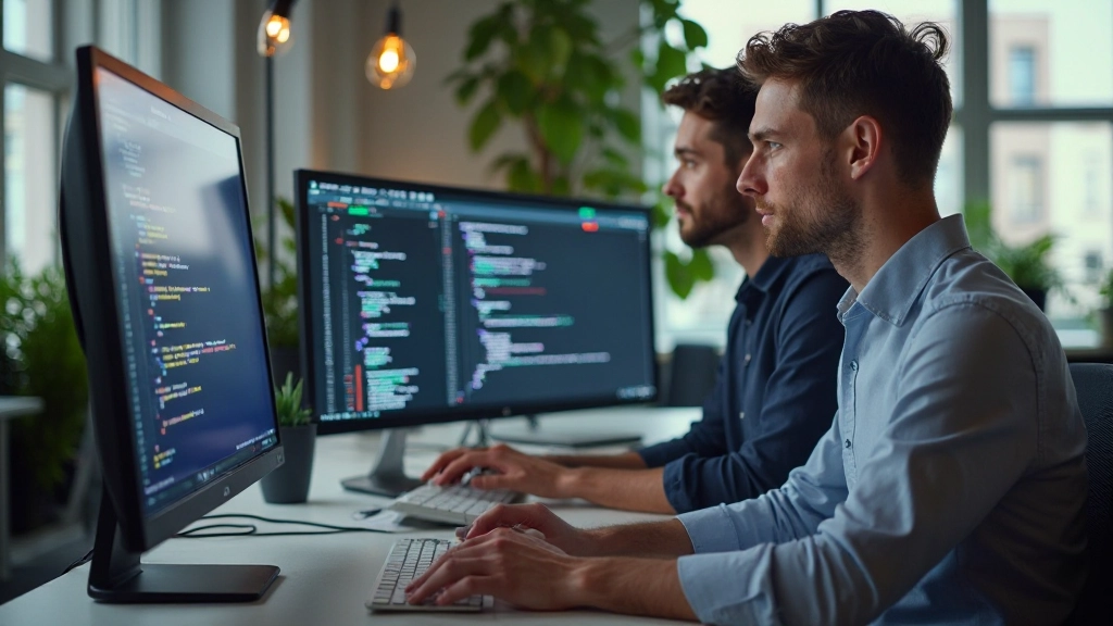 Webontwikkelaars bekijken SEO-optimalisatierapporten en website crawlstatistieken op monitor in collaboratieve werkruimte